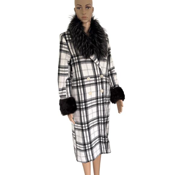 Upcycled Plaid Coat Faux Fur Collar Cuffs Horse Patch Midi Warm Winter Jacket M - Picture 6 of 8